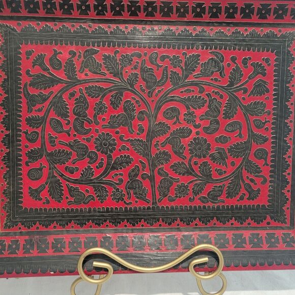 Vintage Olinala Mexican Folk Art Lacquered Wood Hand Painted Tray 16 x 12" Red/B - Picture 2 of 11